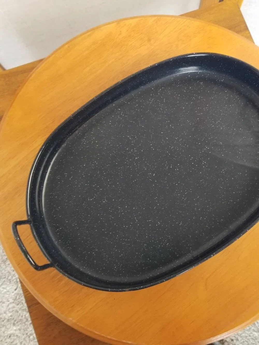 Vintage Black Speckled Enamelware Roasting Pan Shallow Insert Tray w/Handles